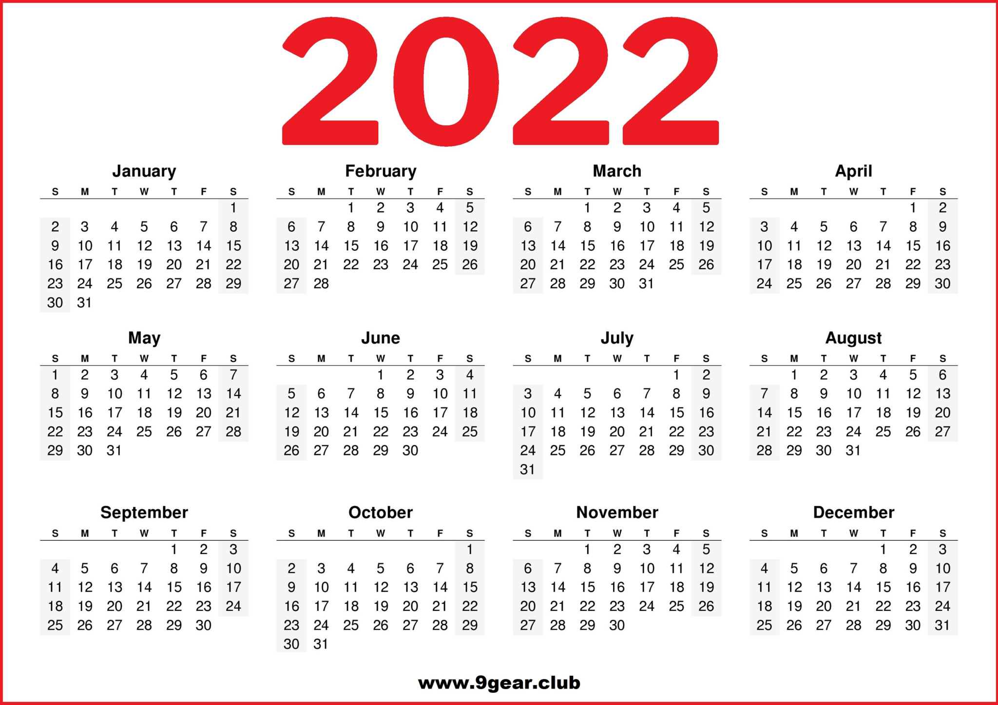 Uk Calendar 2022 Printable Red And White Printable Calendars 2022 